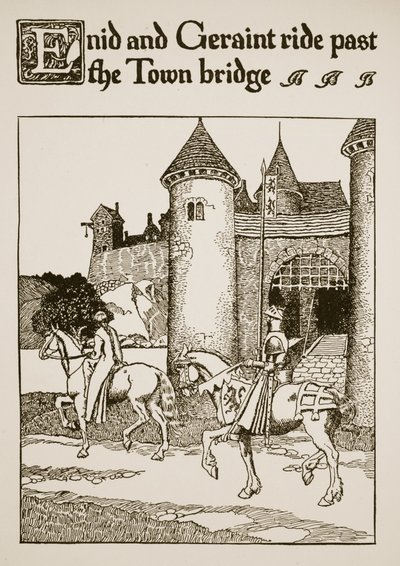 Enid and Geraint ride past the Town Bridge, illustration from 